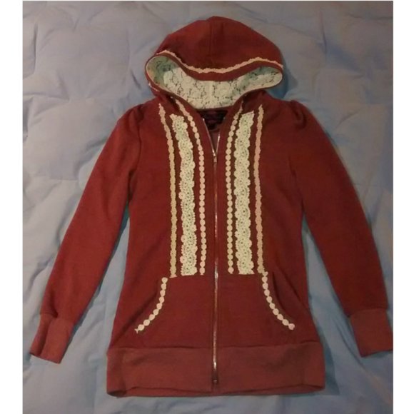 Modcloth Ruby Rose Lace Zip-Up Hoodie in Rose Red/Pink, Size S, Pre-Owned - Picture 5 of 6
